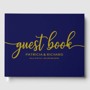 Wedding Guest Book Gold Navy Blue Calligraphy