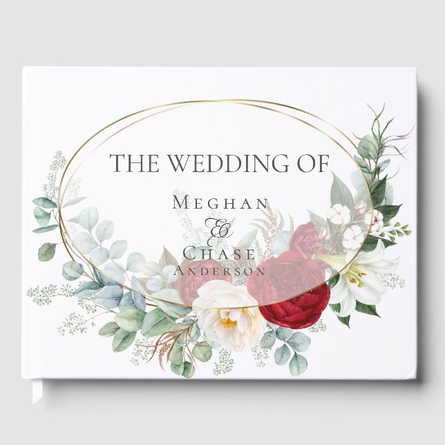 Wedding Guest Book | Ivory Burgundy Peony Floral (Front)