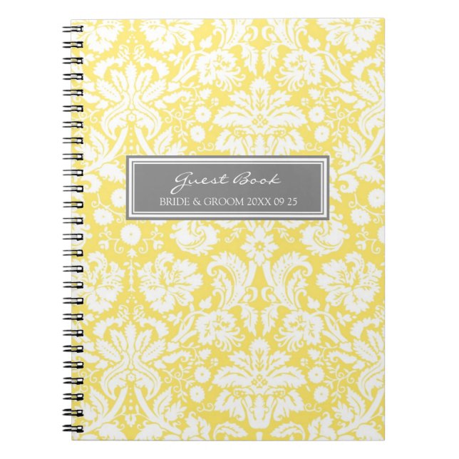 Wedding Guest Book Lemon Grey Damask Notebook (Front)