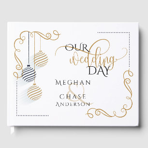 Wedding Guest Book   Modern Black and Gold Baubles
