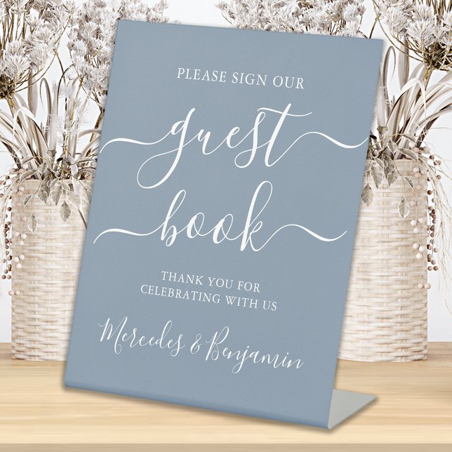 Wedding Guest Book Modern Script Dusty Blue Pedestal Sign (Creator Uploaded)