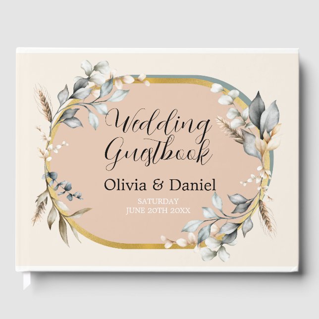 Wedding Guest Book Neutrals Cotton Peach Leaves (Front)