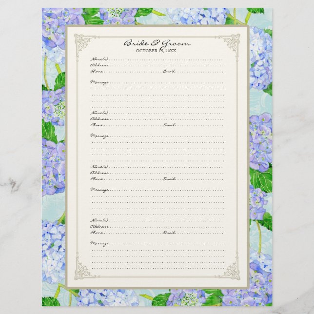 Wedding Guest Book Page Blue Hydrangea Lace Floral (Front)