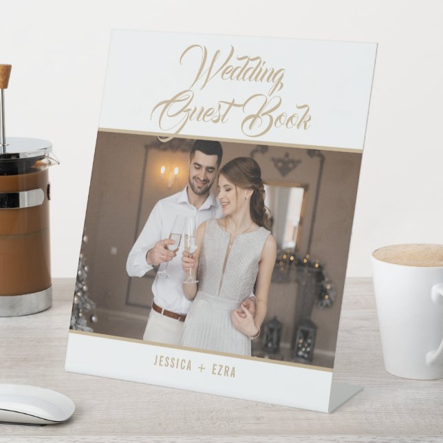 Wedding Guest Book Photo Elegant Gold Script Pedestal Sign (In SItu)