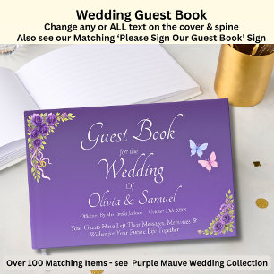 Wedding Guest Book Purple Mauve Flowers & White