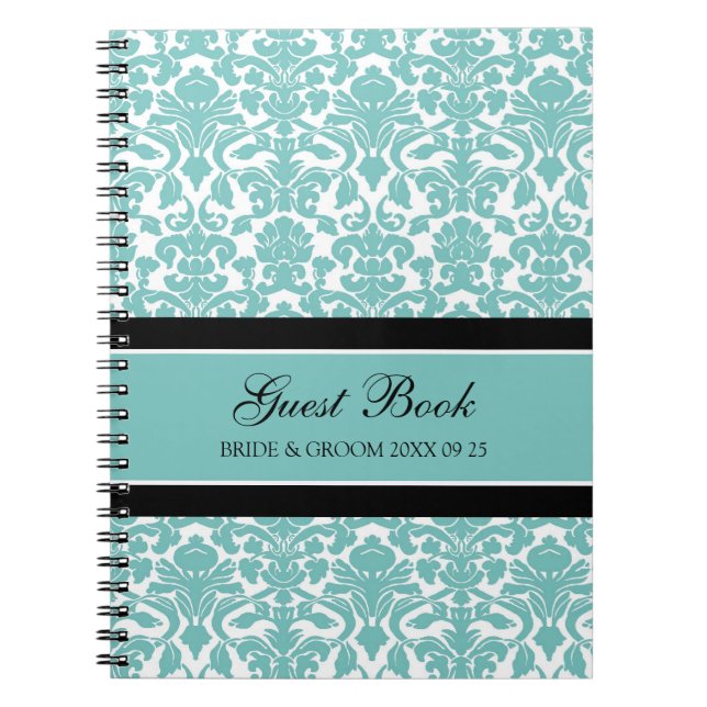 Wedding Guest Book Teal Damask Notebook (Front)