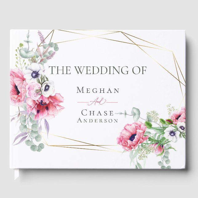 Wedding Guest Book | Watercolor Pink Poppies (Front)