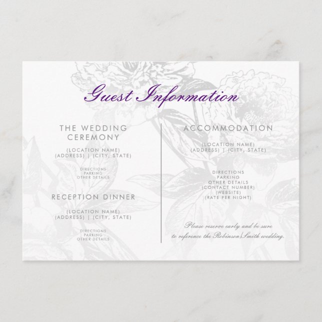 Wedding Guest Information Floral Silver Purple Enclosure Card (Front)
