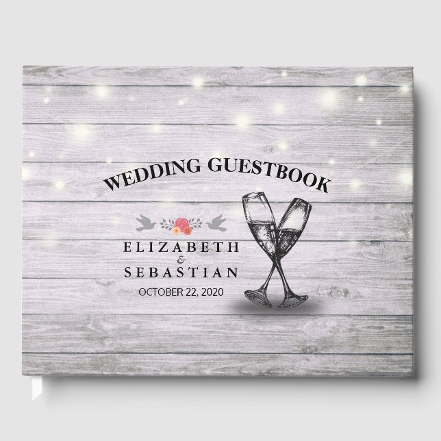 Wedding Guestbook Champagne Glasses Wood Lights (Front)