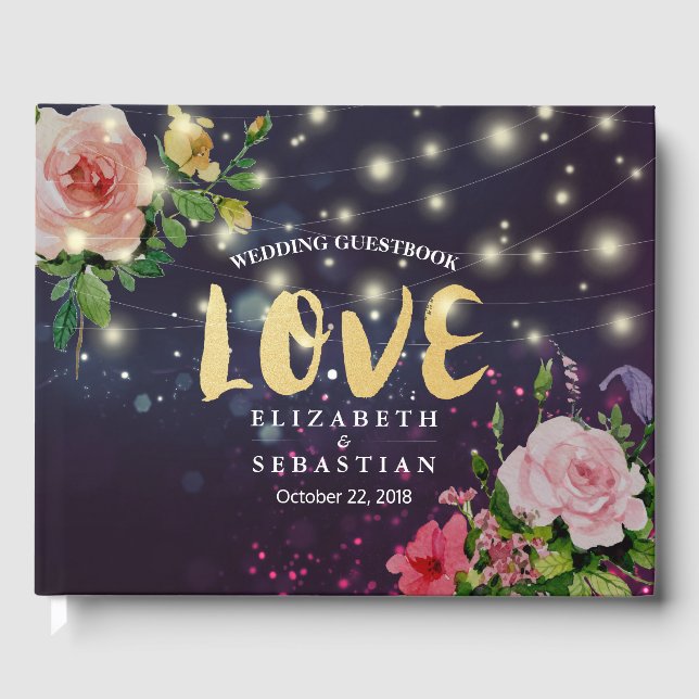 Wedding Guestbook Chic Floral Purple Sparkle Light (Front)