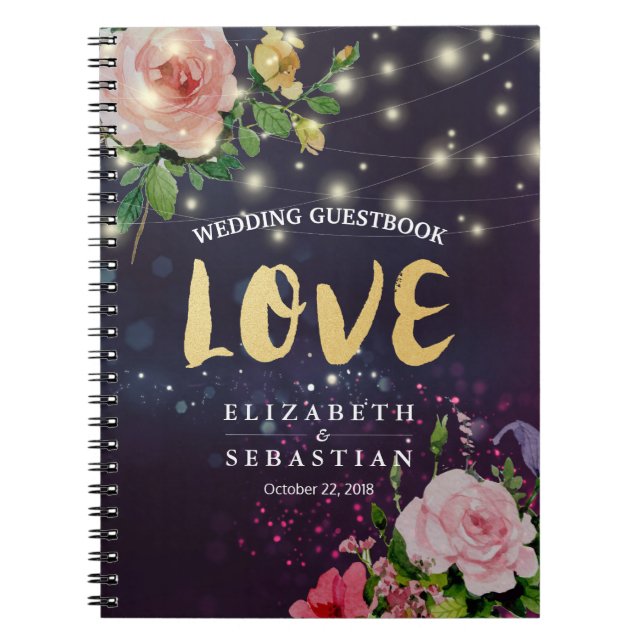 Wedding Guestbook Chic Floral Purple Sparkle Light Notebook (Front)