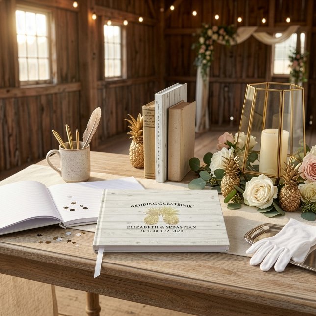 Wedding Guestbook Chic Gold Pineapples Rustic Wood (Creator Uploaded)