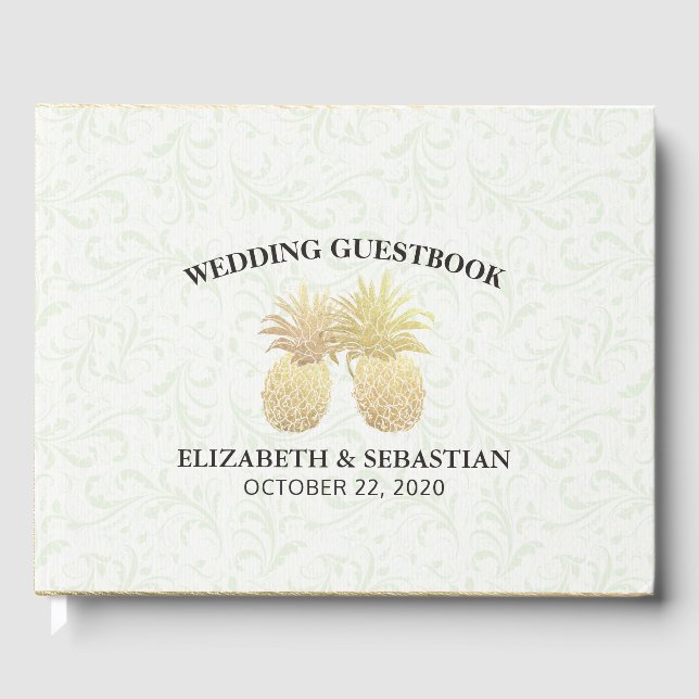 Wedding Guestbook Gold Foil Pineapple Damask Paper (Front)