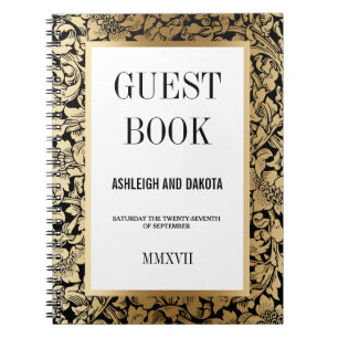 Wedding Guestbook   Golden Floral Damask on Black Notebook