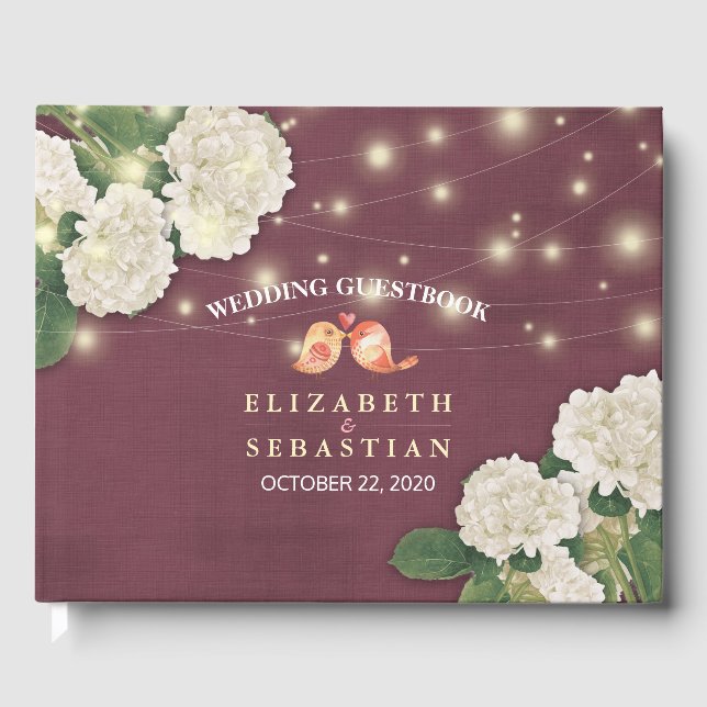 Wedding Guestbook Hydrangea String Lights Burgundy (Front)