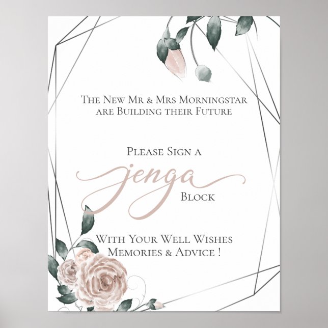 Wedding GuestBook Jenga Dusty Rose Floral Sign 2 (Front)
