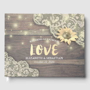 Wedding Guestbook Lace Sunflower Rustic Wood Light