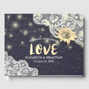 Wedding Guestbook Lace Sunflowers & String Lights