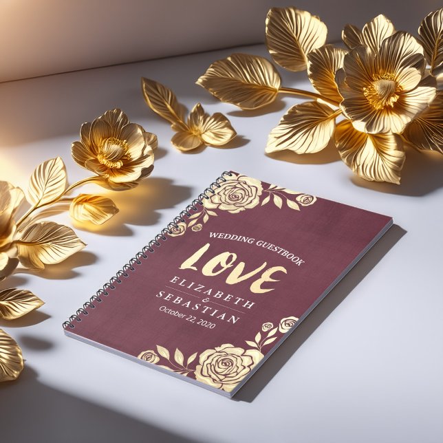 Wedding Guestbook Modern Golden Roses Burgundy Red Notebook (Creator Uploaded)