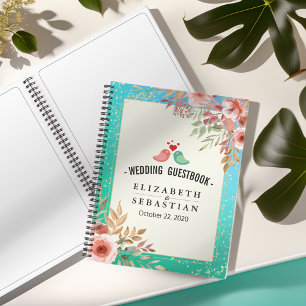 Wedding Guestbook Modern Pink Floral Teal Gold Dot Notebook