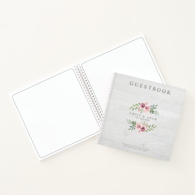 Wedding GuestBook Photo on Wood on Pink Wreath Notebook (Inside)