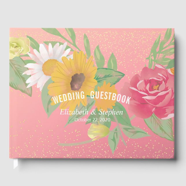 Wedding Guestbook Rose Flowers Pink Gold Glitter (Front)