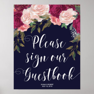wedding guestbook sign navy pink floral