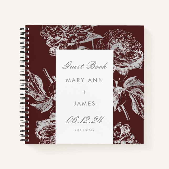 Wedding Guestbook Simple Floral Silver Burgundy Notebook (Front)