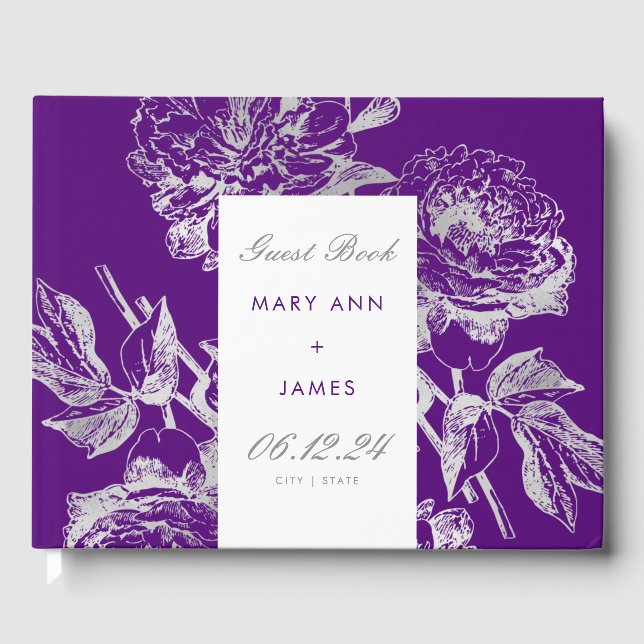 Wedding Guestbook Simple Floral Silver Purple (Front)