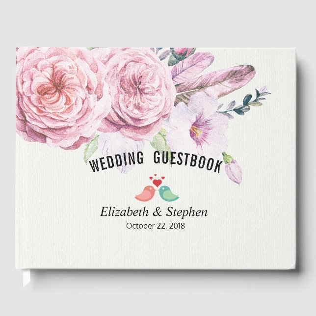 Wedding Guestbook Watercolor Boho Floral Feather (Front)