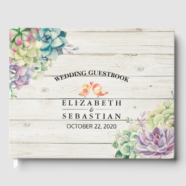 Wedding Guestbook Watercolor Succulent Rustic Wood (Front)