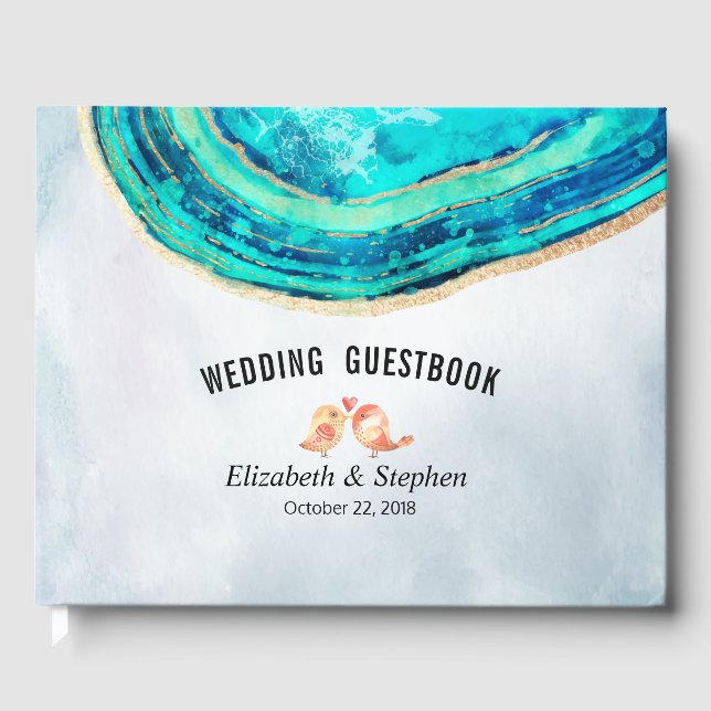 Wedding Guestbook Watercolor Teal Gold Agate Geode (Front)