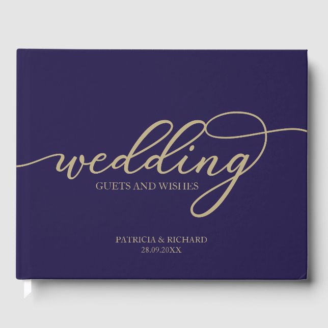 Wedding Guests And Wishes Chic Gold Navy Blue Guest Book (Front)