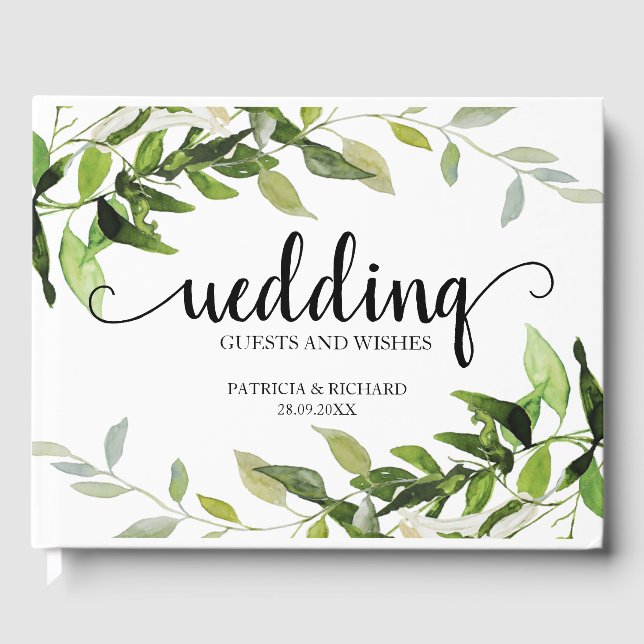 Wedding Guests And Wishes Elegant Greenery Guest Book (Front)