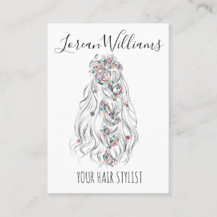 Wedding Hair Stylist Black White Wavy Hair Floral Business Card