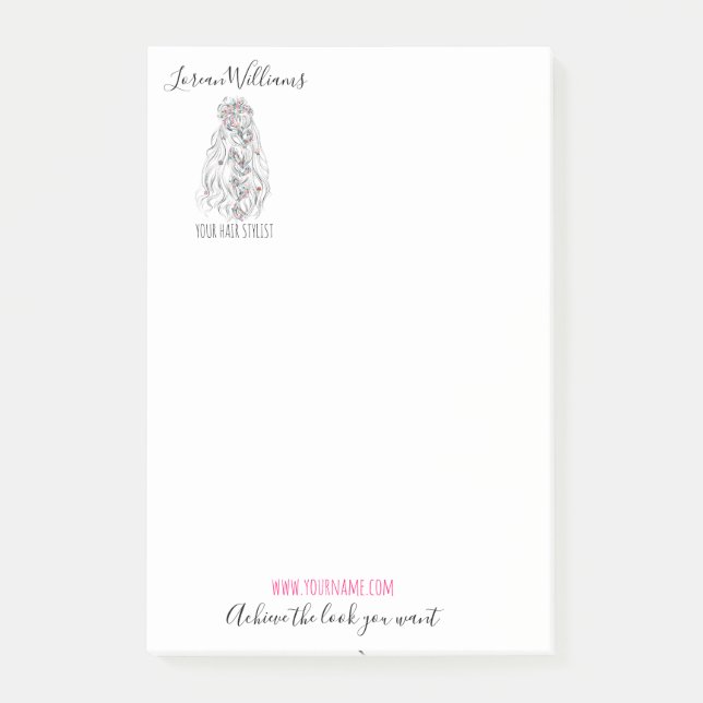 Wedding Hair Stylist Black White Wavy Hair Floral Post-it Notes (Front)