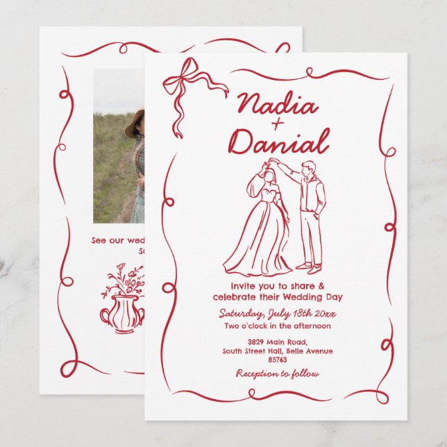 Wedding Hand Drawn Whimsical Red QR Code Invitation (Front/Back)