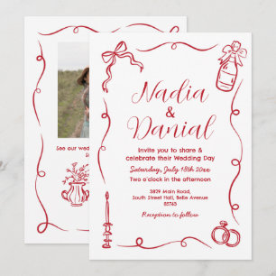 Wedding Hand Drawn Whimsical Red QR Code Invitation