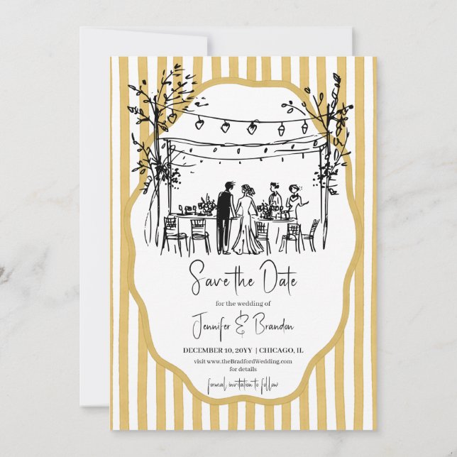 Wedding hand sketched mustard striped invitation (Back)