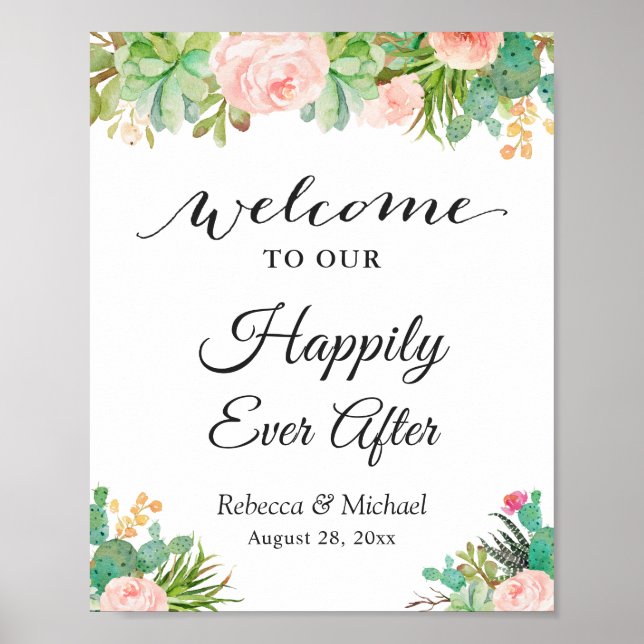 Wedding Happily Ever After Succulent Cactus Floral Poster (Front)