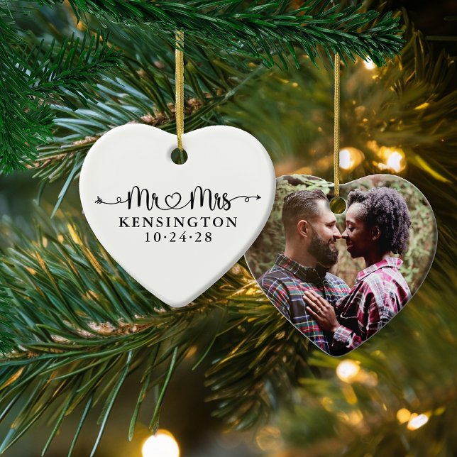 Wedding Heart Arrows Mr Mrs Newlywed Photo Ceramic Ornament (Wedding Heart Arrows Mr Mrs Newlywed Photo Ceramic )