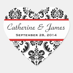 Wedding Heart Damask Black and White Red A10 Sticker