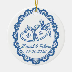 Wedding Heart Initials Names & Date Ceramic Ornament