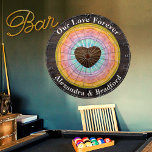 Wedding Heart Pastel Sunset Rustic Wood Tone Name Dartboard<br><div class="desc">Wedding Heart Pastel Sunset Rustic Wood Tone Name Monogrammed,  Our Love Forever.  This rustic Wood Grain Dartboard makes the perfect personalized Wedding Game Gift for Newly weds,  house Warming giftss etc...  and just everyday fun. Our easy-to-use template makes personalizing simple and fun.</div>