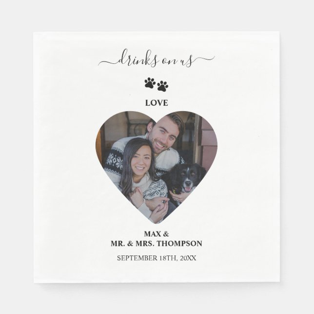 Wedding Heart Photo Couple Pet Dog Drinks on Us Napkin (Front)