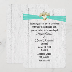 Wedding Heart with Turquoise Ribbon On Wood  Invitation