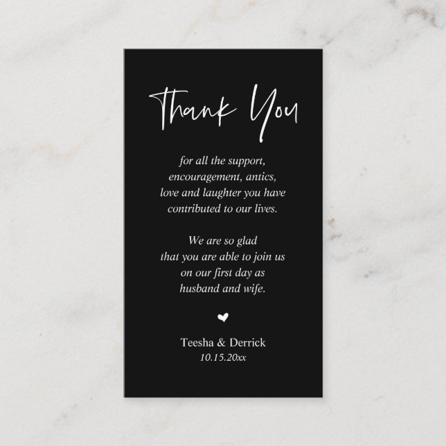 Wedding heartfelt Thank you, Black and White Enclosure Card (Front)