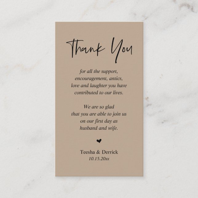Wedding heartfelt Thank you, Light Brown Kraft Enclosure Card (Front)
