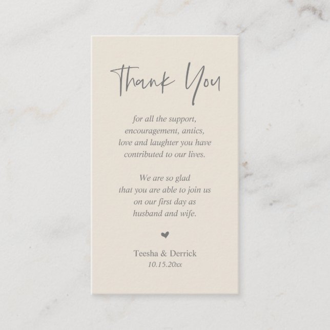 Wedding heartfelt Thank you, Modern Cream Grey Enclosure Card (Front)