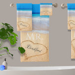 Wedding Hearts in Sand Family Monogram, Groom Mr   Bath Towel Set<br><div class="desc">Wedding Hearts in Sand Family Monogram,  Groom Mr. Towel.</div>